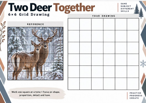 Two Deer Together Grid Drawing Worksheet | Wildlife Composition Art | KS3 KS4