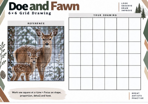 Doe and Fawn Grid Drawing Worksheet | Mother and Baby Deer Wildlife Art | KS3 KS4