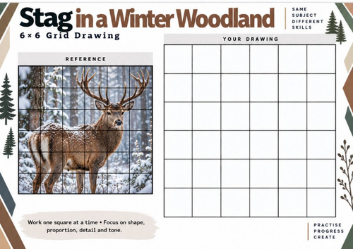 Stag in Winter Woodland Grid Drawing Worksheet | Deer Wildlife Art | KS3 KS4
