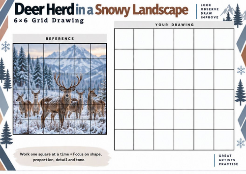 Deer Herd Grid Drawing Worksheet | Snowy Landscape Wildlife Art | KS3 KS4