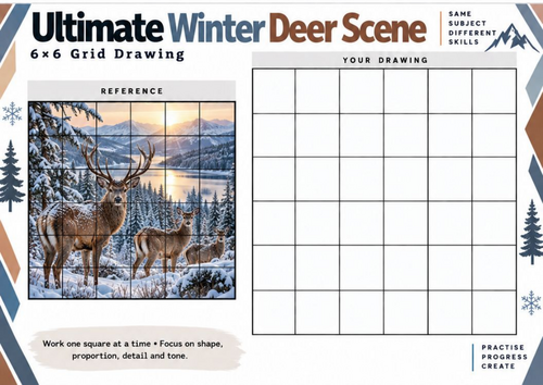 Ultimate Winter Deer Scene Grid Drawing Worksheet | Wildlife Landscape Art | KS3 KS4