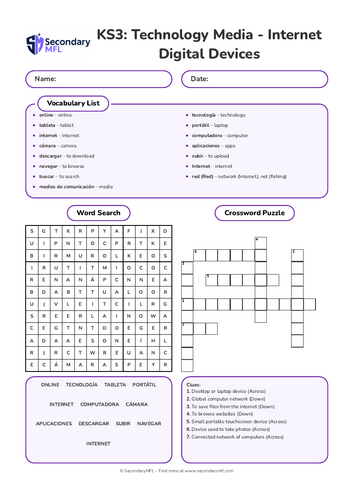 KS3 Spanish Activity Pack: Internet Devices Vocabulary