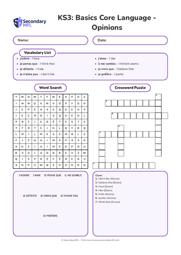 KS3 French Activity Pack: Opinions