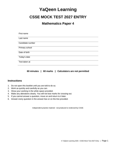11+ CSSE-Style Maths Mock Paper 4