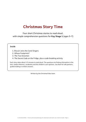 Christmas Story Pack for KS1: four read-aloud stories with comprehension questions