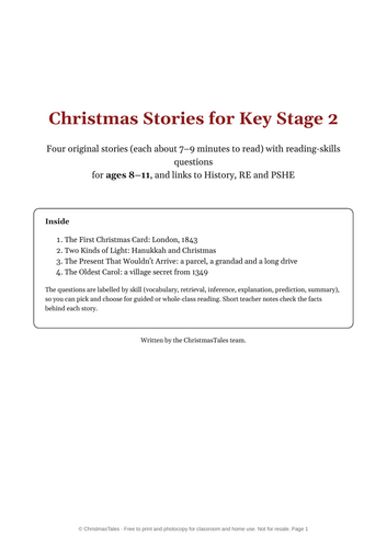 Christmas Story Pack for KS2: four stories with VIPERS-style questions and History/RE links
