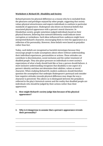 Richard III - Disability and Society Worksheet
