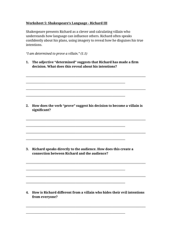 Richard III Language Worksheet