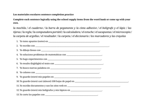 Los materiales escolares sentence completion practice