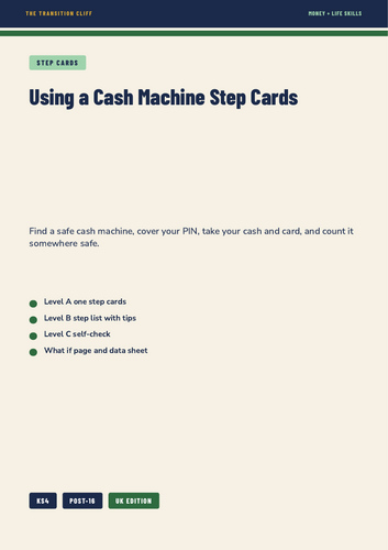 Using a Cash Machine Step Cards: Withdrawing Cash Safely for SEND Money Skills (KS4, Post-16)