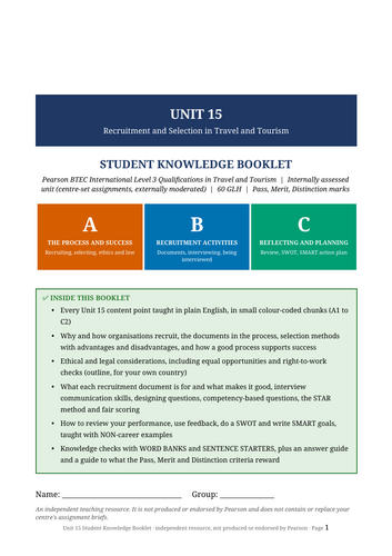 BTEC International Level 3 Travel & Tourism Unit 15 | Recruitment & Selection | 59-Page Workbook