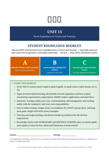 BTEC International Level 3 Travel & Tourism Unit 13 | Work Experience | 58-Page Editable Workbook