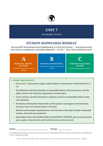 BTEC International Level 3 Travel & Tourism Unit 7 | Sustainable Tourism | 63-Page Workbook