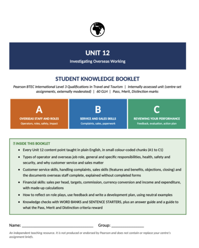BTEC International Level 3 Travel & Tourism Unit 12 | Investigating Overseas Working | 62-Page