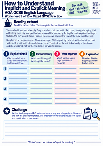 AQA GCSE English Language | Explicit & Implicit Meaning, Inference | 7 Reading Worksheets