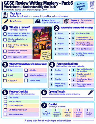 Edexcel GCSE English Language | Review Writing | 6 Worksheets, Model Answer & Writing Practice