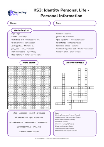 KS3 French Activity Pack: Personal Info & Introductions