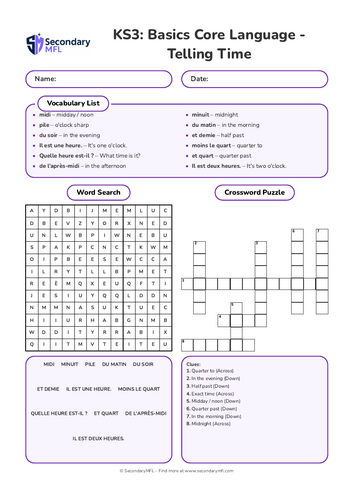 KS3 French Activity Pack: Telling Time (Quelle heure