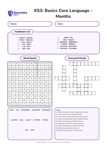 KS3 French Activity Pack: Months of the Year