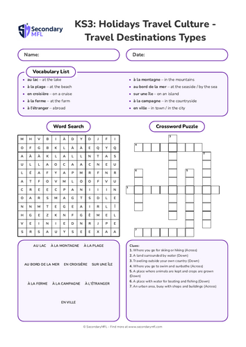 KS3 French Activity Pack: Travel Destination Types