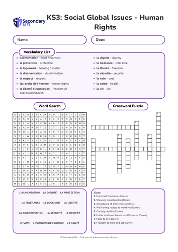 KS3 French Activity Pack: Human Rights and Vocabulary