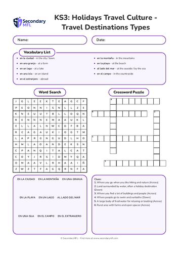 KS3 Spanish Activity Pack: Travel Destinations & Types