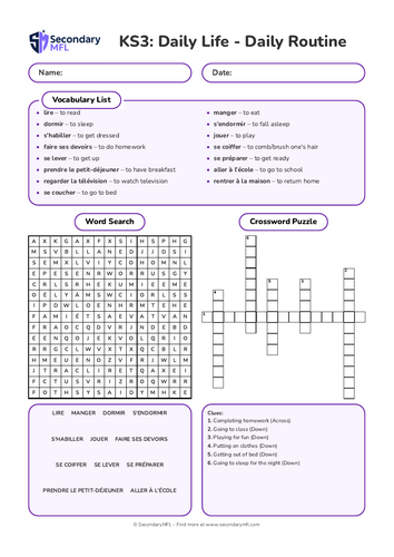 KS3 French Activity Pack: Daily Routine & Reflexive Verbs