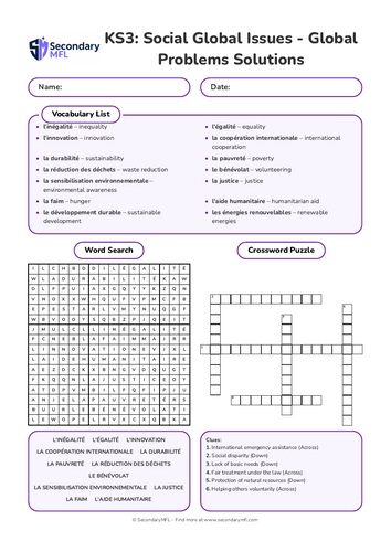 KS3 French Activity Pack: Global Problems and Solutions