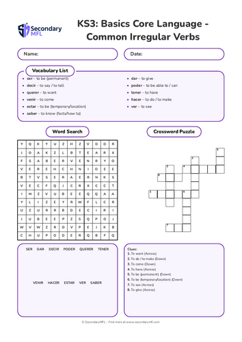 KS3 Spanish Activity Pack: Common Irregular Verbs