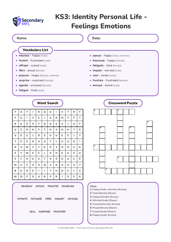 KS3 French Activity Pack: Feelings and Emotions with Être