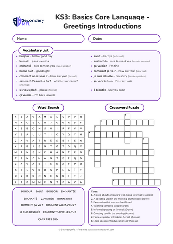 KS3 French Activity Pack: Greetings & Introductions