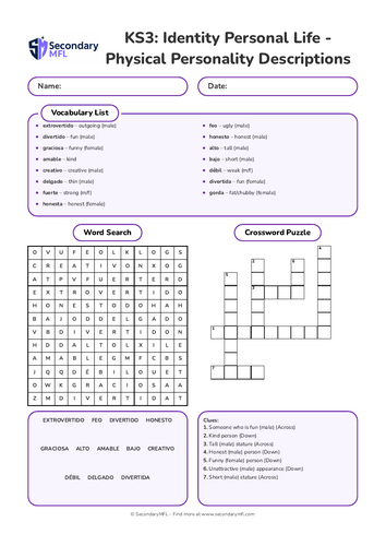KS3 Spanish Activity Pack: Physical & Personality