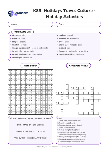 KS3 French Activity Pack: Holiday Vocabulary & Verbs