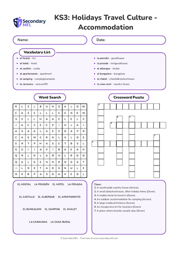 KS3 Spanish Activity Pack: Accommodation & Travel Stays