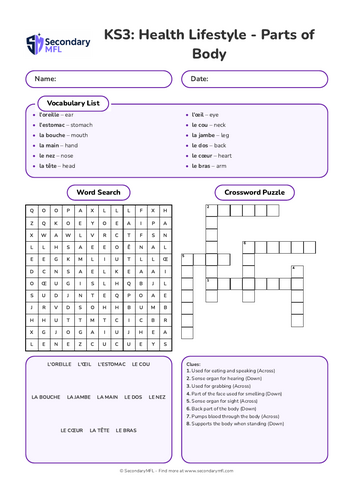 KS3 French Activity Pack: Parts of the Body