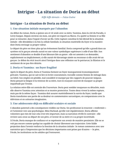 Kiffe kiffe demain – Faïza Guène – Plot: Doria’s Situation at the Beginning
