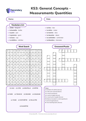 KS3 French Activity Pack: Measurements and Quantities
