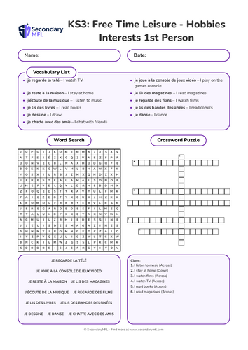 KS3 French Activity Pack: My Hobbies with 1st Person Verbs