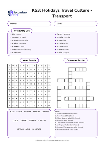 KS3 French Activity Pack: Transport and Travel Verbs