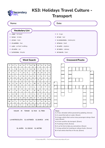 KS3 Spanish Activity Pack: Transport Vocabulary & Verbs