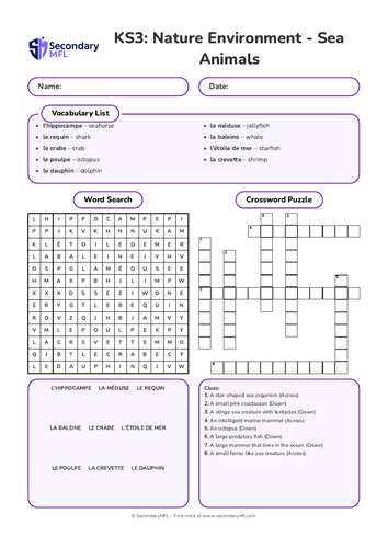 KS French Activity Pack: Sea Animals Vocabulary