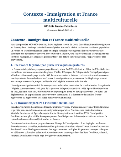 Kiffe kiffe demain – Faïza Guène – Context: Immigration and Multicultural France