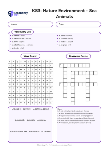 KS Spanish Activity Pack: Sea Animals Vocabulary
