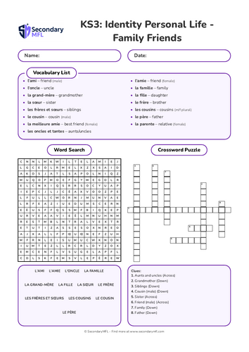 KS3 French Activity Pack: Family and Friends Vocabulary