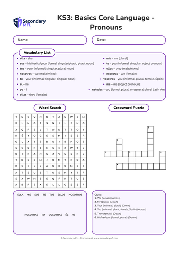 KS3 Spanish Activity Pack: Subject & Possessive Pronouns