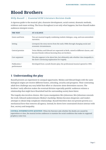 Blood Brothers – Willy Russell – Essential Literature Revision Guide