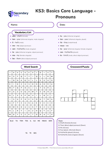 KS3 French Activity Pack: Subject, Possessive & Object