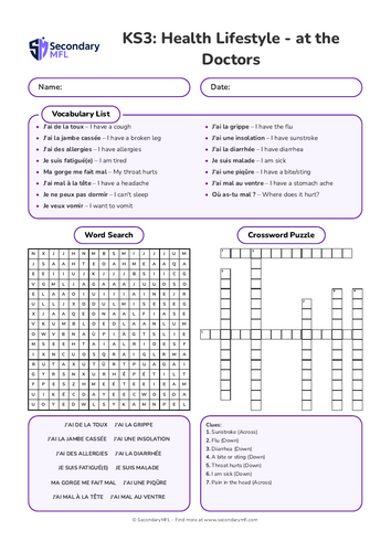KS3 French Activity Pack: At the Doctors (Avoir mal à)