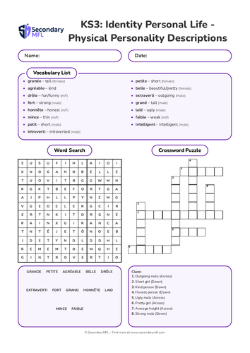 KS3 French Activity Pack: Physical and Personality