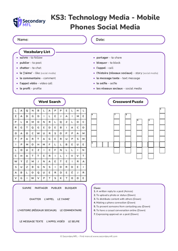 KS3 French Activity Pack: Mobile Phones and Social Media